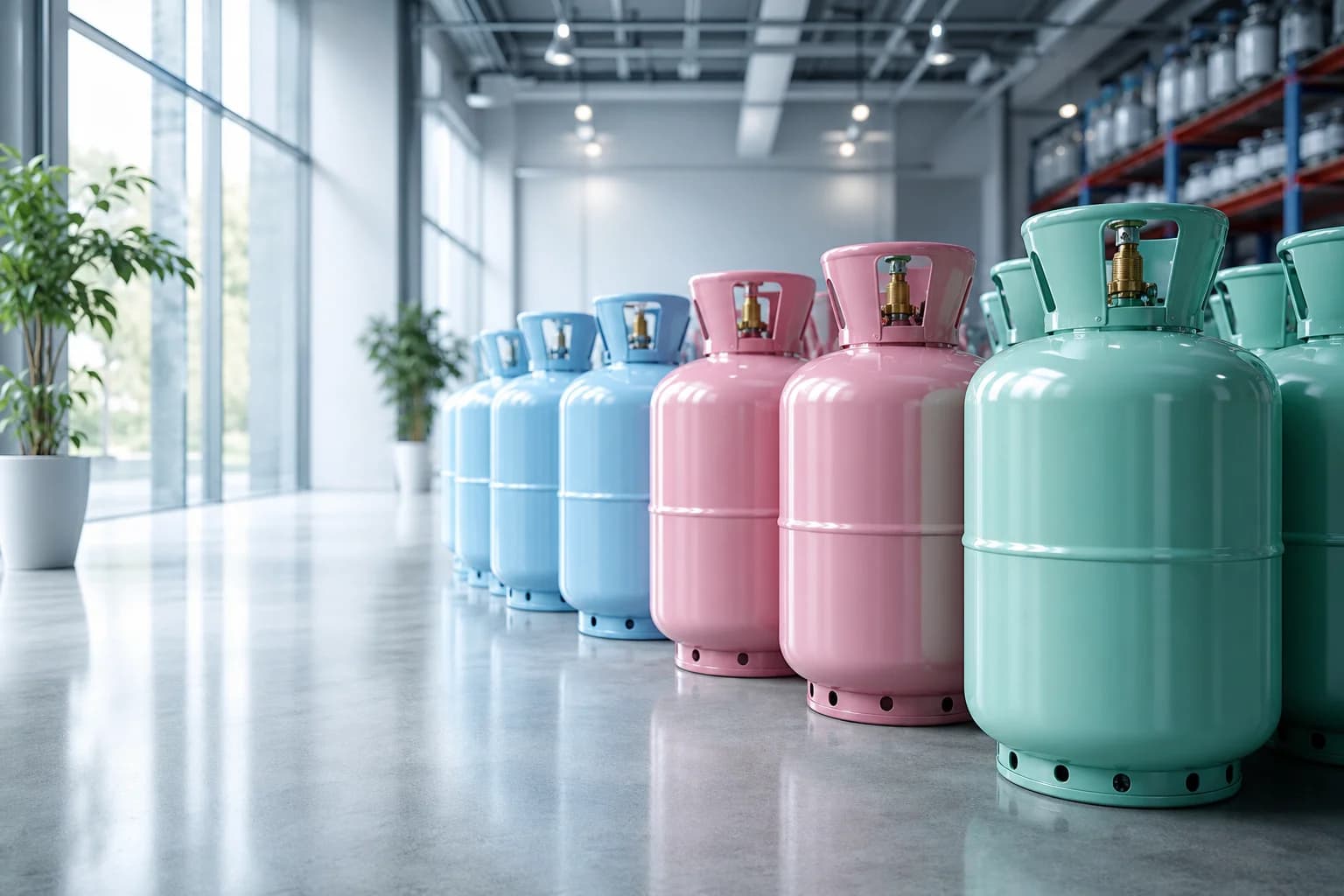 Professional refrigerant cylinders in a modern HVAC warehouse